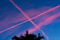 Pink chemtrails on dark blue sky in sunset Royalty Free Stock Photo