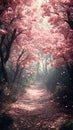 Pink cherry blossom forest path Royalty Free Stock Photo