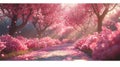 Pink cherry blossom forest path Royalty Free Stock Photo