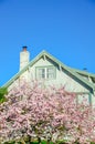 Pink cherry blossom near chimney of residential house in Seattle clear blue sky Royalty Free Stock Photo