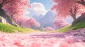 Pink Cherry Blossom Pathway Through Mountains Royalty Free Stock Photo