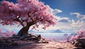 A pink cherry blossom tree stands in a beautiful mountain landscape generated by AI Royalty Free Stock Photo