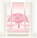 Pink cherry blossom tree view from a window. Royalty Free Stock Photo