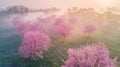 Pink cherry blossom trees in foggy sky, creating atmospheric beauty Royalty Free Stock Photo