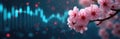 Pink cherry blossoms bloom near abstract digital financial chart graph. Nature meets tech, spring growth, data analysis concept. Royalty Free Stock Photo