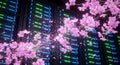 Pink Cherry Blossoms Falling in Front of Digital Server Racks with Blue and Green Lights Royalty Free Stock Photo