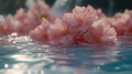 Pink cherry blossoms float gently on calm blue water, sunlight reflecting on the surface Royalty Free Stock Photo