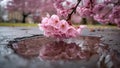 Pink cherry blossoms floating on reflective water surface Royalty Free Stock Photo