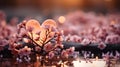 Pink cherry blossoms or sakura heart shapes glow on water. water reflection bokeh background. Generative Ai.