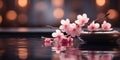 Pink cherry flowers in a beautiful spa scene for wellness and massage treatments, AI generated