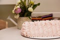 Pink cherry pie cake Festive tender cake. Holidays cake. Gluten and white sugar free dessert. Cozy cafe Royalty Free Stock Photo