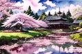 Japan Sakura festival of Cherry tree blossom explosion. AI generated landscape Royalty Free Stock Photo