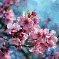 Pink Cherry Tree Blossoms, Japan Spring Garden, Blooming Sakura, Cherry Flowers on Blue Backgroundn Royalty Free Stock Photo