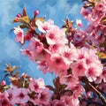 Pink Cherry Tree Blossoms, Japan Spring Garden, Blooming Sakura, Cherry Flowers on Blue Backgroundn Royalty Free Stock Photo