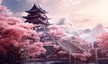 pink cherry trees and japanese castle, ai generative