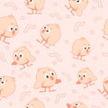 Pink chicken with worm seamless pattern. Little hen with tuft in surprise shows wing to creeping insect.