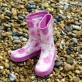Pink children boots on the beach. Conceptual image