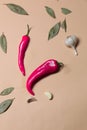 Pink hot chili peppers, bay leaves, garlic cloves on pink background; space for text Royalty Free Stock Photo