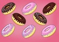 Pink and chocolate doughnuts donuts with glaze and colored topping on the pink background