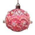 Pink christmas ball decorated lace, beads, shiny, sequins isolated on white background