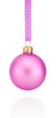 Pink Christmas ball hanging on ribbon Isolated on white background Royalty Free Stock Photo