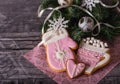 Pink Christmas gingerbread and tree twig on the gray background
