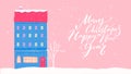 Pink Christmas greeting card, decorated house facade, falling snow and calligraphy inscription Merry Christmas and happy