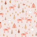 Pink Christmas pattern. Christmas deer in forest. Magical winter background. Outdoor winter landscape. Winter village