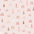 Pink christmas rainbows Christmas tree pattern. Pastel Christmas background. Cute winter time wallpaper. Pink snowy