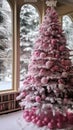 A pink christmas tree all decorated front of a cabin covered in snow, AI