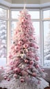 A pink christmas tree all decorated front of a cabin covered in snow, AI