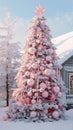 A pink christmas tree all decorated front of a cabin covered in snow, AI