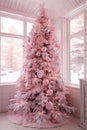 A pink christmas tree all decorated front of a cabin covered in snow, AI