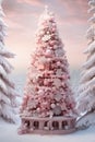 A pink christmas tree all decorated front of a cabin covered in snow, AI