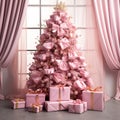 Pink Christmas tree with gifts in the interior of the room. New Year\'s Eve. Royalty Free Stock Photo