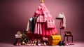 a pink Christmas tree, surrounded by an array of pink clothes, bags and shoes. A pair of golden shoes and a golden star add a