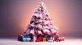 a pink Christmas tree, surrounded by an array of pink clothes, bags and shoes. A pair of golden shoes and a golden star add a