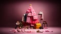 a pink Christmas tree, surrounded by an array of pink clothes, bags and shoes. A pair of golden shoes and a golden star add a