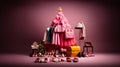 a pink Christmas tree, surrounded by an array of pink clothes, bags and shoes. A pair of golden shoes and a golden star add a