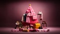 a pink Christmas tree, surrounded by an array of pink clothes, bags and shoes. A pair of golden shoes and a golden star add a