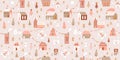 Pink Christmas village. Outdoor Christmas scene. Winter village illustrations. Pink Christmas seamless pattern Panoramic