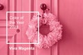 Pink Christmas wreath of plastic bags on front door. Christmas decoration concept. Image toned in color of the year 2023