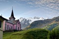 Pink church in Swiss Alps in Trient Royalty Free Stock Photo