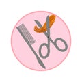 in a pink circle there is a comb and scissors cutting hair Royalty Free Stock Photo