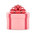 Pink circled gift box red festive bow ribbon 3d realistic vector illustration Royalty Free Stock Photo