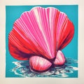 Colorful Lithograph Print Of A Pink And Blue Shell