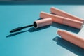 Pink clean makeup brush for mascara lies next to an open tube, closed tubes of cosmetics, lip gloss, liquid lipstick, pink eyeline