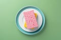 Pink cleaning sponge on plate on green background Royalty Free Stock Photo