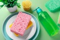 Pink cleaning sponge on plate with green dishwashing soap and natural brush on green background Royalty Free Stock Photo