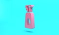 Pink Cleaning spray bottle with detergent liquid icon isolated on turquoise blue background. Minimalism concept. 3D